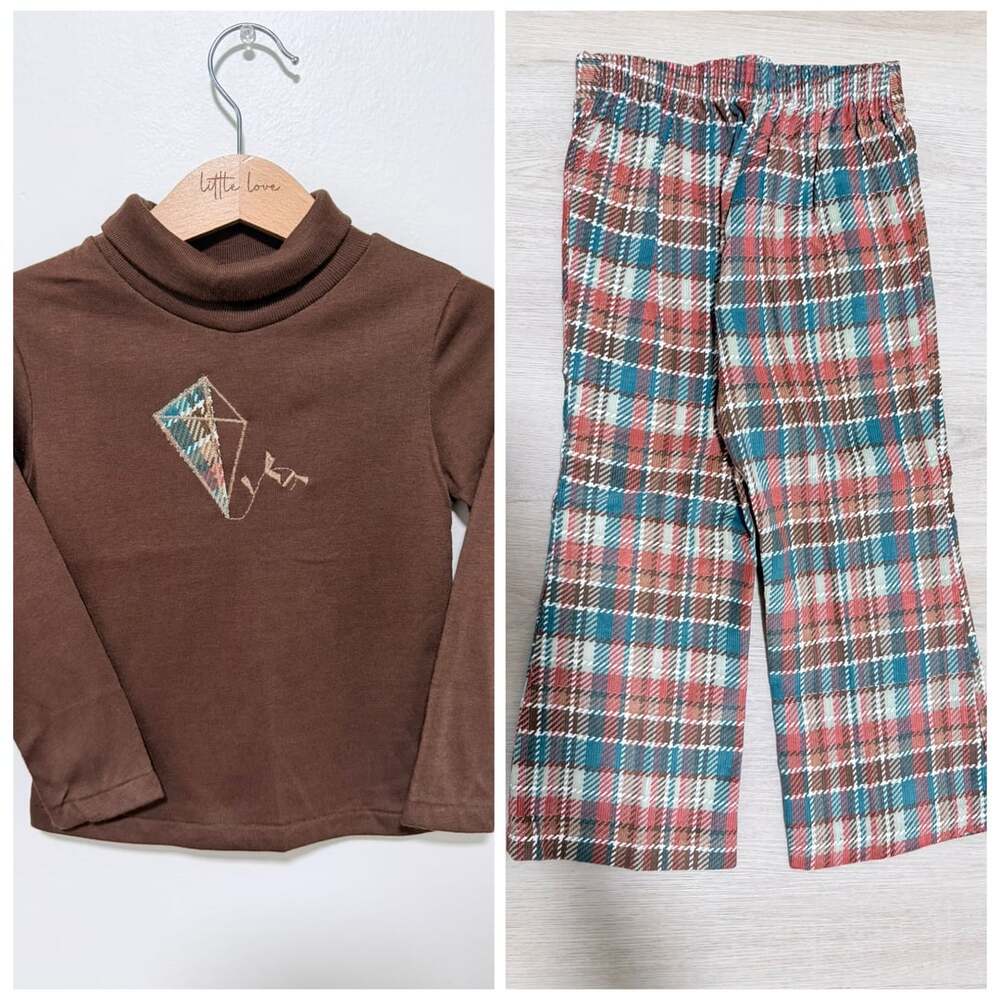 Vintage Boys Outfit Set Turtleneck Top and Plaid Pants Size 4T